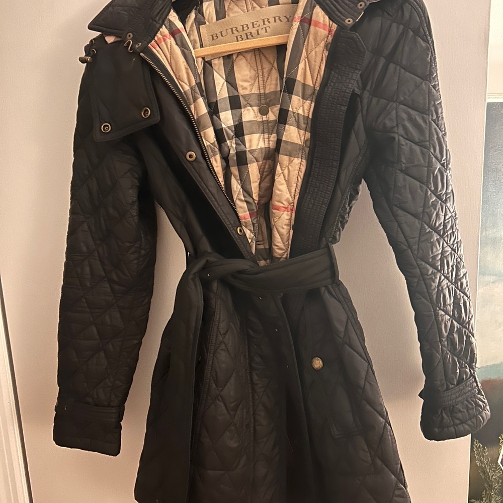 Burberry Black Quilted Trench Coat with Belted Waist